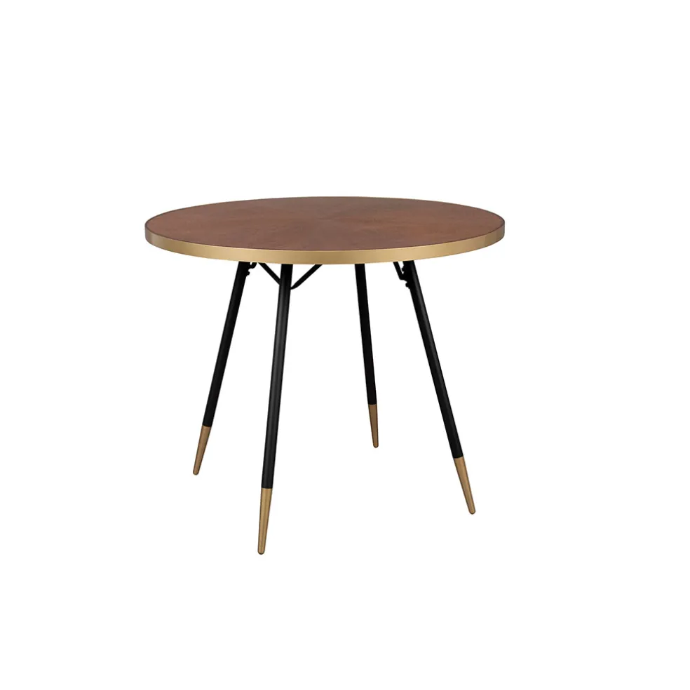 Table à manger ronde en noyer plaqué et métal doré d91cm - Denise