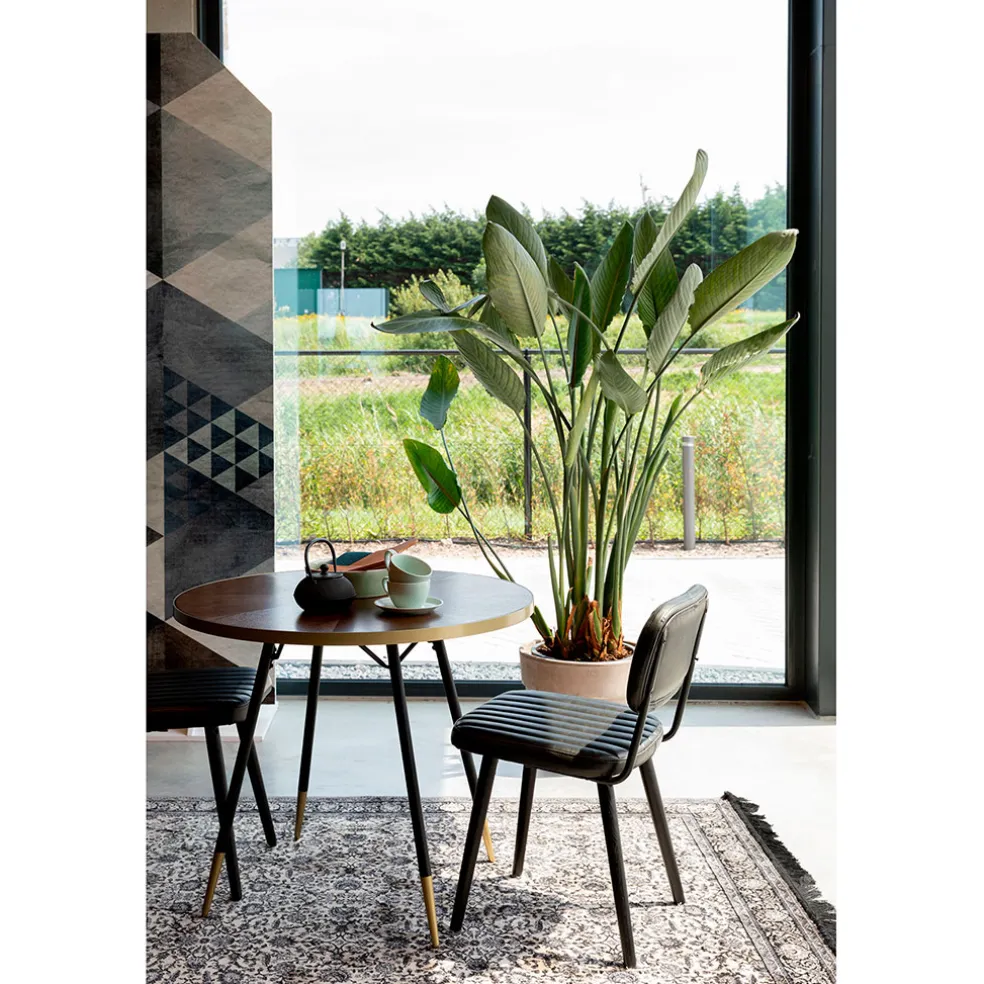 Table à manger ronde en noyer plaqué et métal doré d91cm - Denise