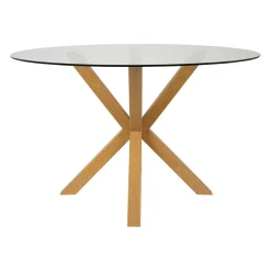 Table à manger ronde en verre trempé et métal naturel d119cm - Adela