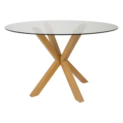 Table à manger ronde en verre trempé et métal naturel d119cm - Adela