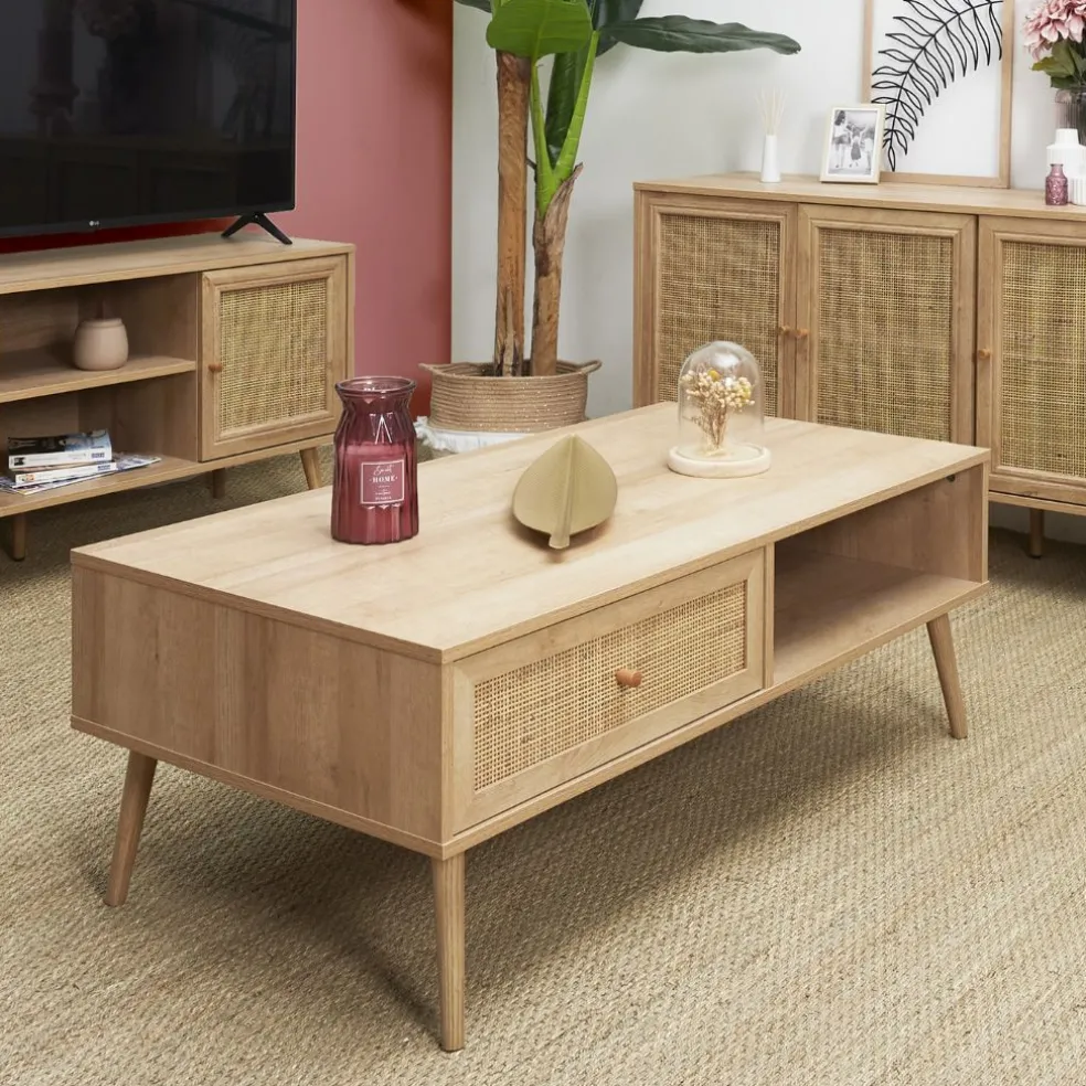 Table basse avec tiroir en bois et cannage L110cm - Baia