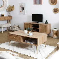 Table basse avec tiroir en bois et cannage L110cm - Baia
