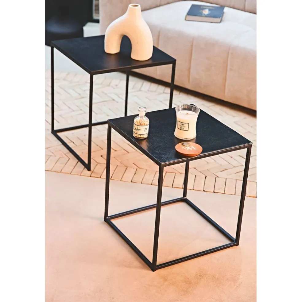 Table basse gigogne carrée (lot de 2) en aluminium et fer noir - Felia