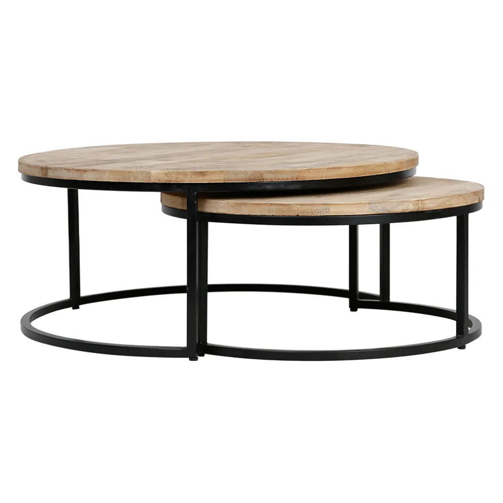 Table basse gigogne ronde (lot de 2) en manguier et fer noir - Noe