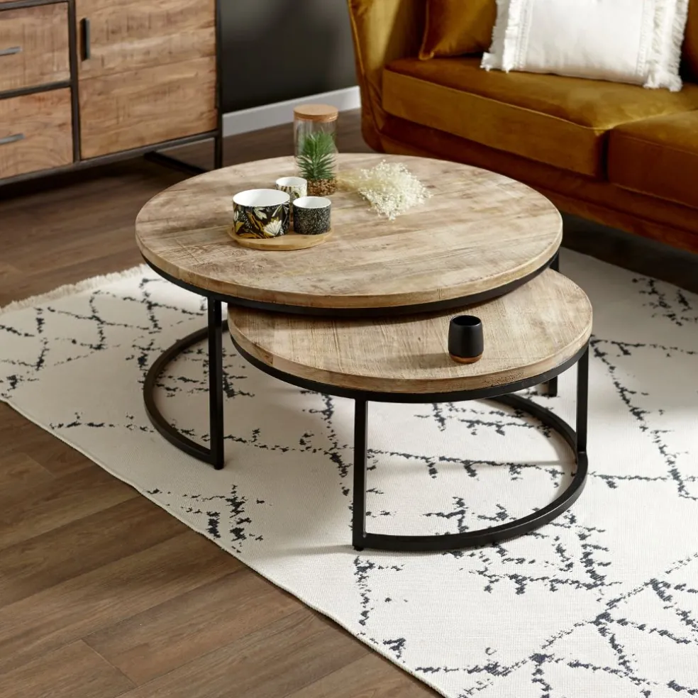 Table basse gigogne ronde (lot de 2) en manguier et fer noir - Noe