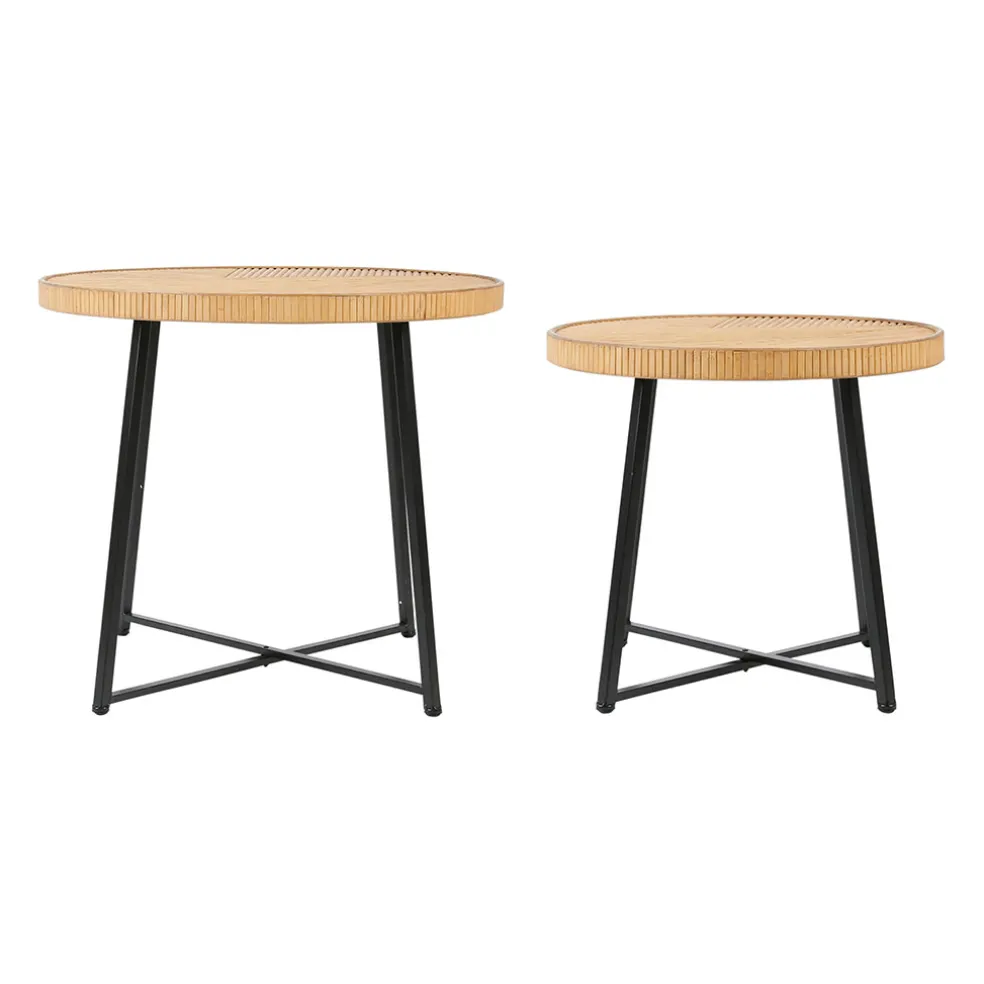 Table basse (lot de 2) en bambou, rotin et pieds en fer noir - Saori