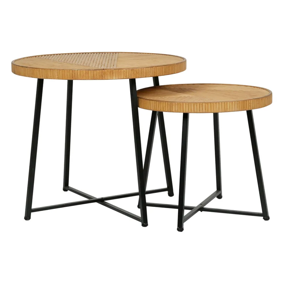 Table basse (lot de 2) en bambou, rotin et pieds en fer noir - Saori
