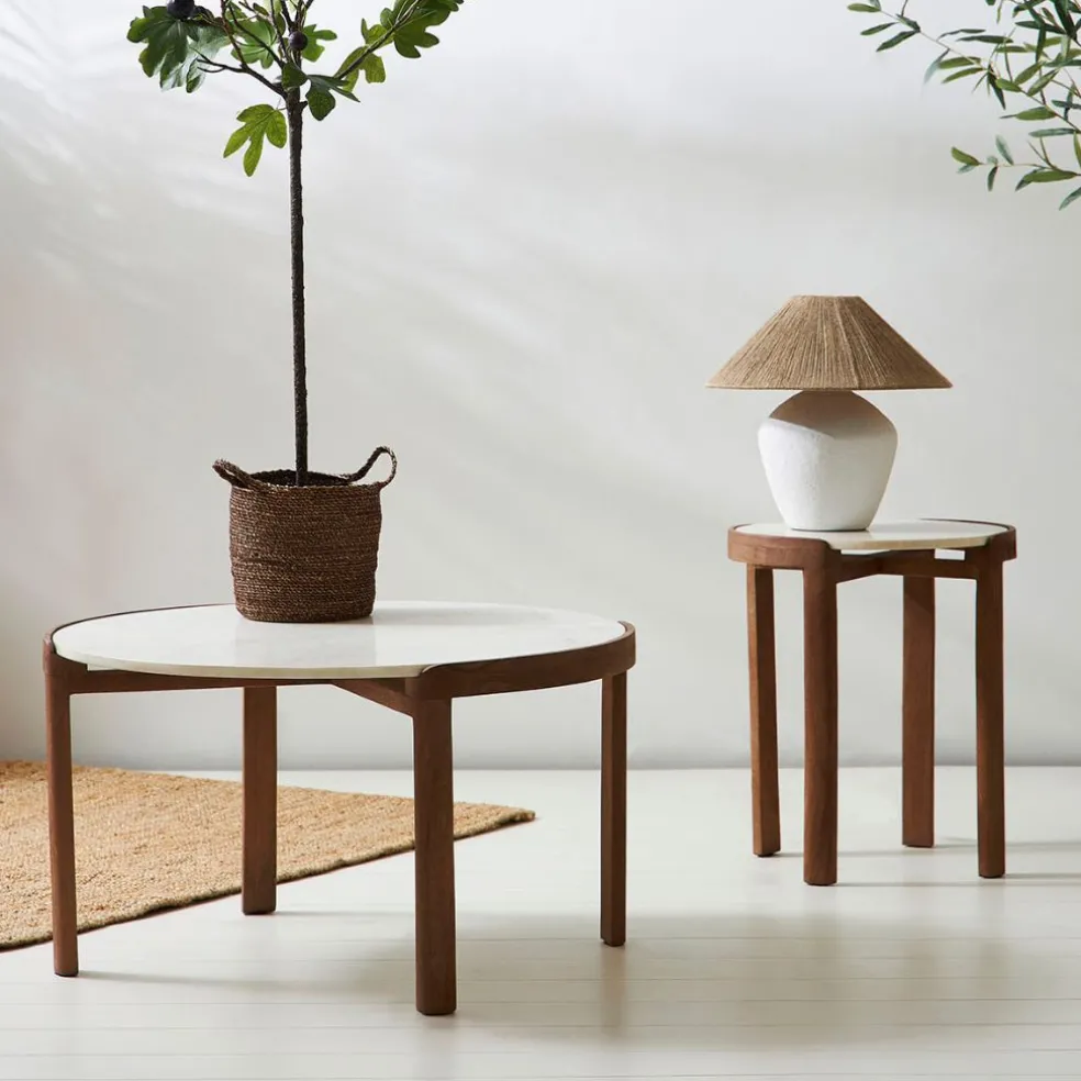 Table basse rond en manguier et marbre naturel et blanc d80cm - Agate