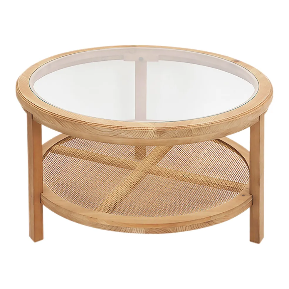 Table basse ronde en sapin naturel et verre trempé d75cm - Firmin