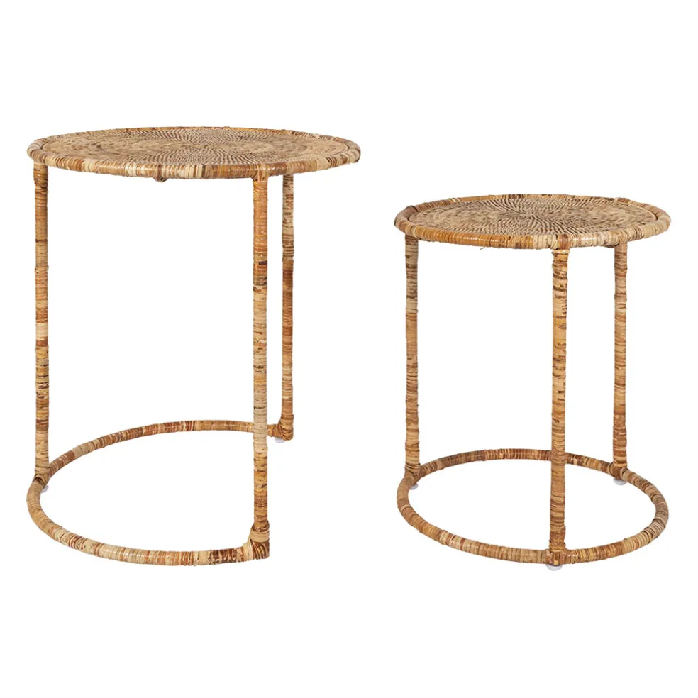 Table gigogne rond par 2 en fer et rotin naturel 50x50cm - Pasil