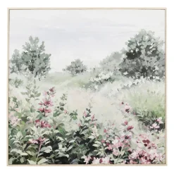 Tableau campagne en toile vert et rose 80x80cm