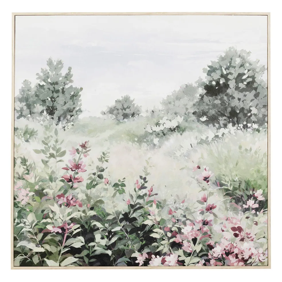 Tableau campagne en toile vert et rose 80x80cm