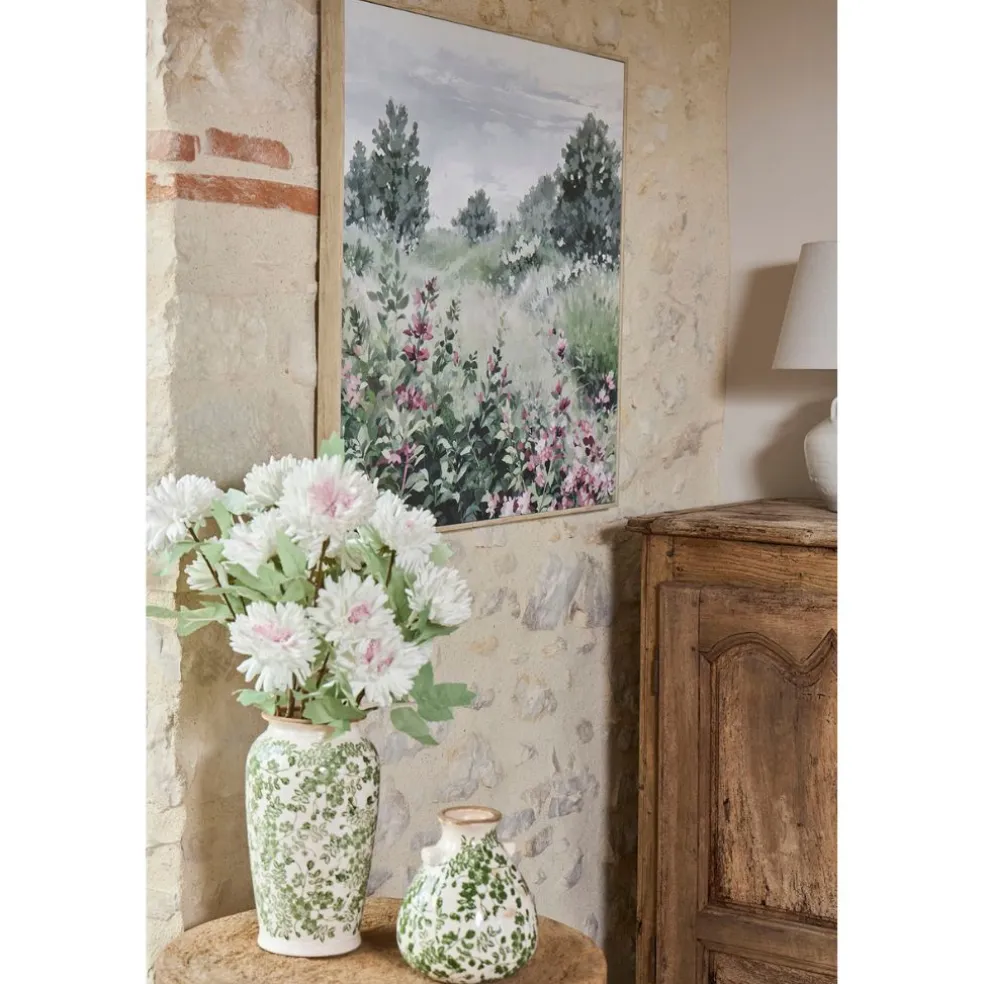 Tableau campagne en toile vert et rose 80x80cm