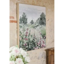 Tableau campagne en toile vert et rose 80x80cm
