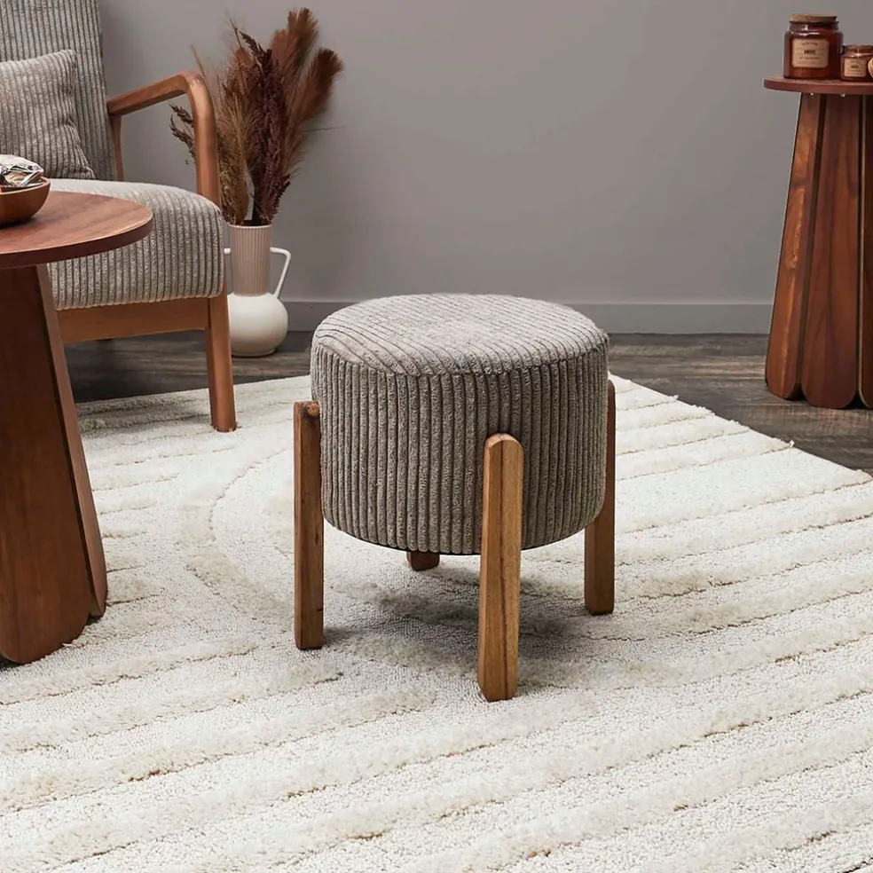 Tabouret en tissu côtelé taupe et bois d'acacia - Scarlett