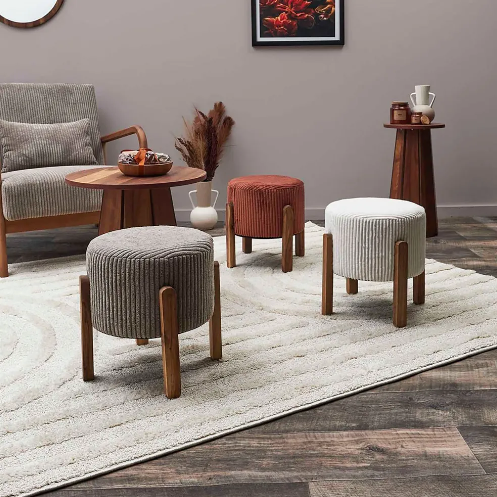 Tabouret en tissu côtelé taupe et bois d'acacia - Scarlett