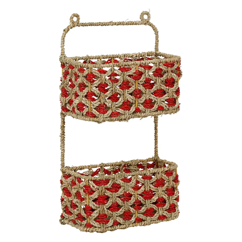 Étagère murale 2 paniers en jonc de mer naturel et rouge