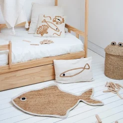 Tapis poisson en jute naturel et blanc 100x65cm - Eté A La Mer
