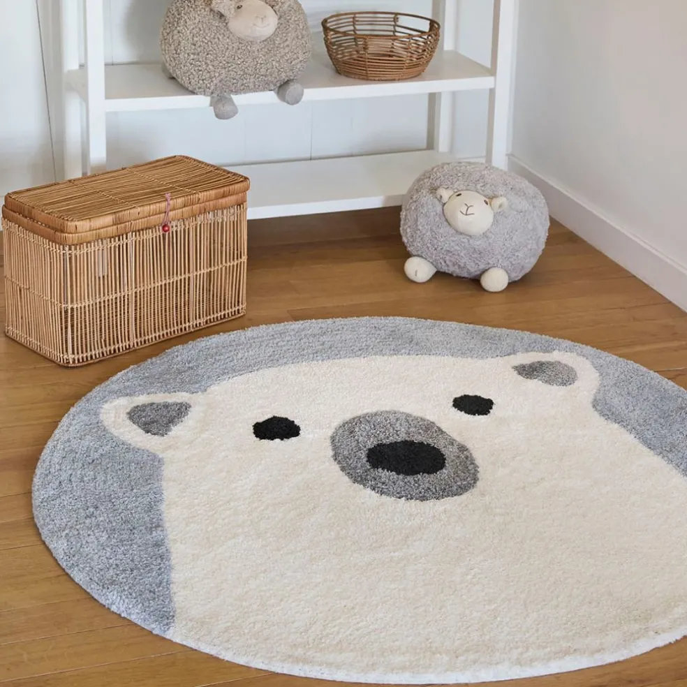 Tapis rond ours tufté en coton banc et bleu d120cm - Banquise