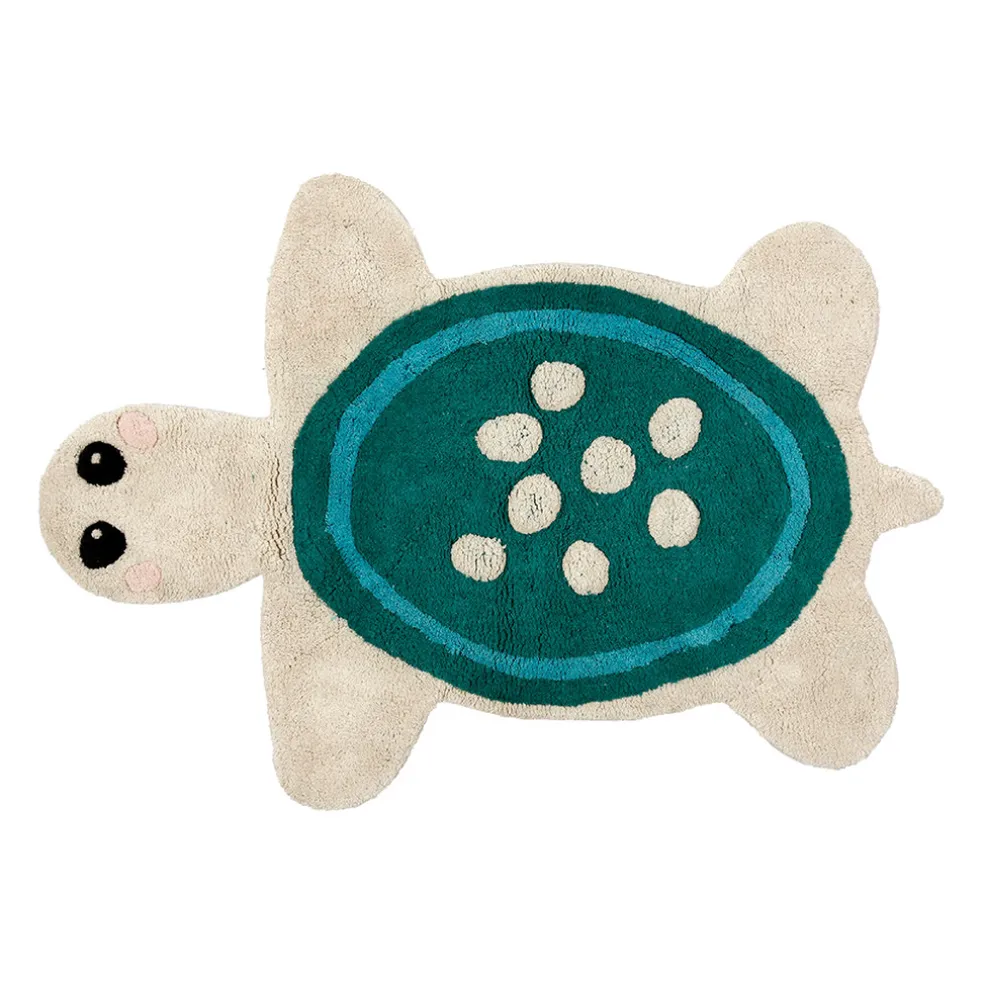Tapis tortue en coton tufté écru et bleu 92x65cm