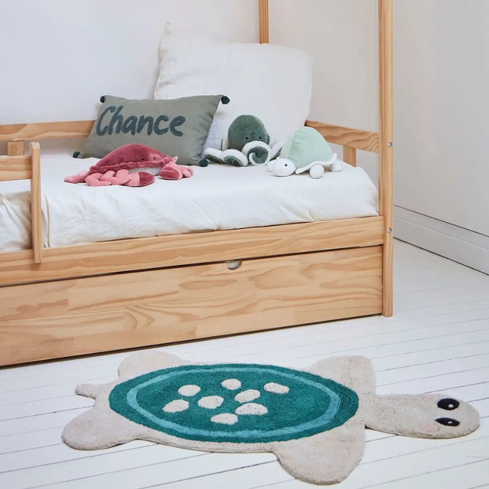 Tapis tortue en coton tufté écru et bleu 92x65cm