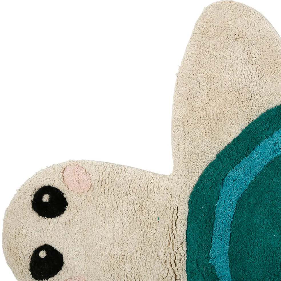 Tapis tortue en coton tufté écru et bleu 92x65cm