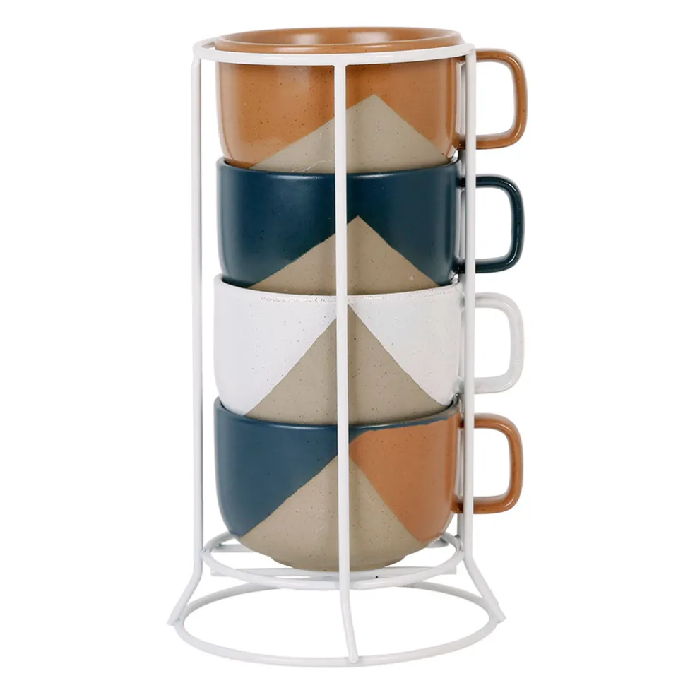 Tasse à thé avec support en grès indigo, blanc et terracotta -courba