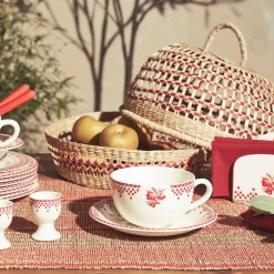 Tasse et sous-tasse en faïence damier rouge - campagne