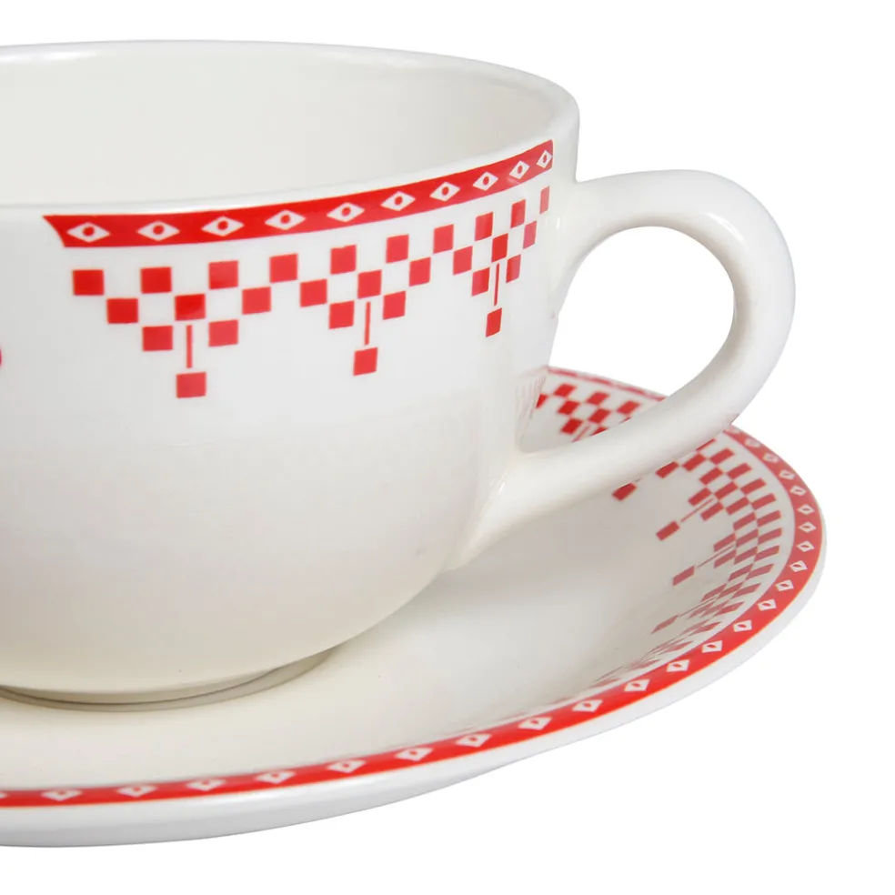 Tasse et sous-tasse en faïence damier rouge - campagne