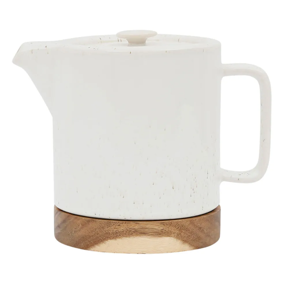 Théière avec filtre blanc moucheté 1.15l en grès et dessous en bois - nordika