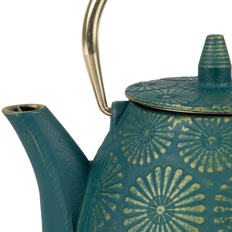 Théière en fonte émeraude et dorée - lotus