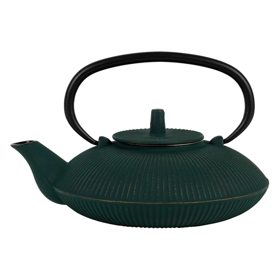 Théière en fonte plate avec filtre émeraude et doré 75cl