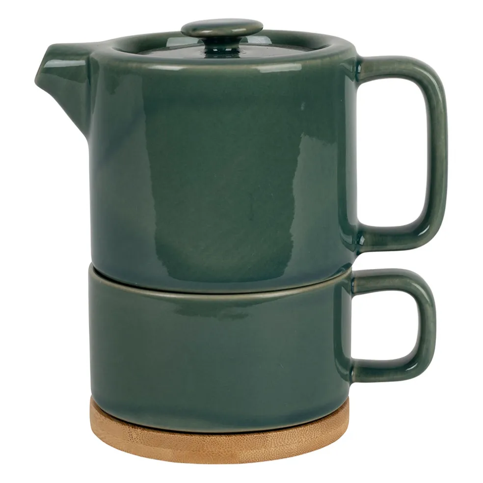 Théière égoïste en grès et acacia émeraude 45cl - Nordika