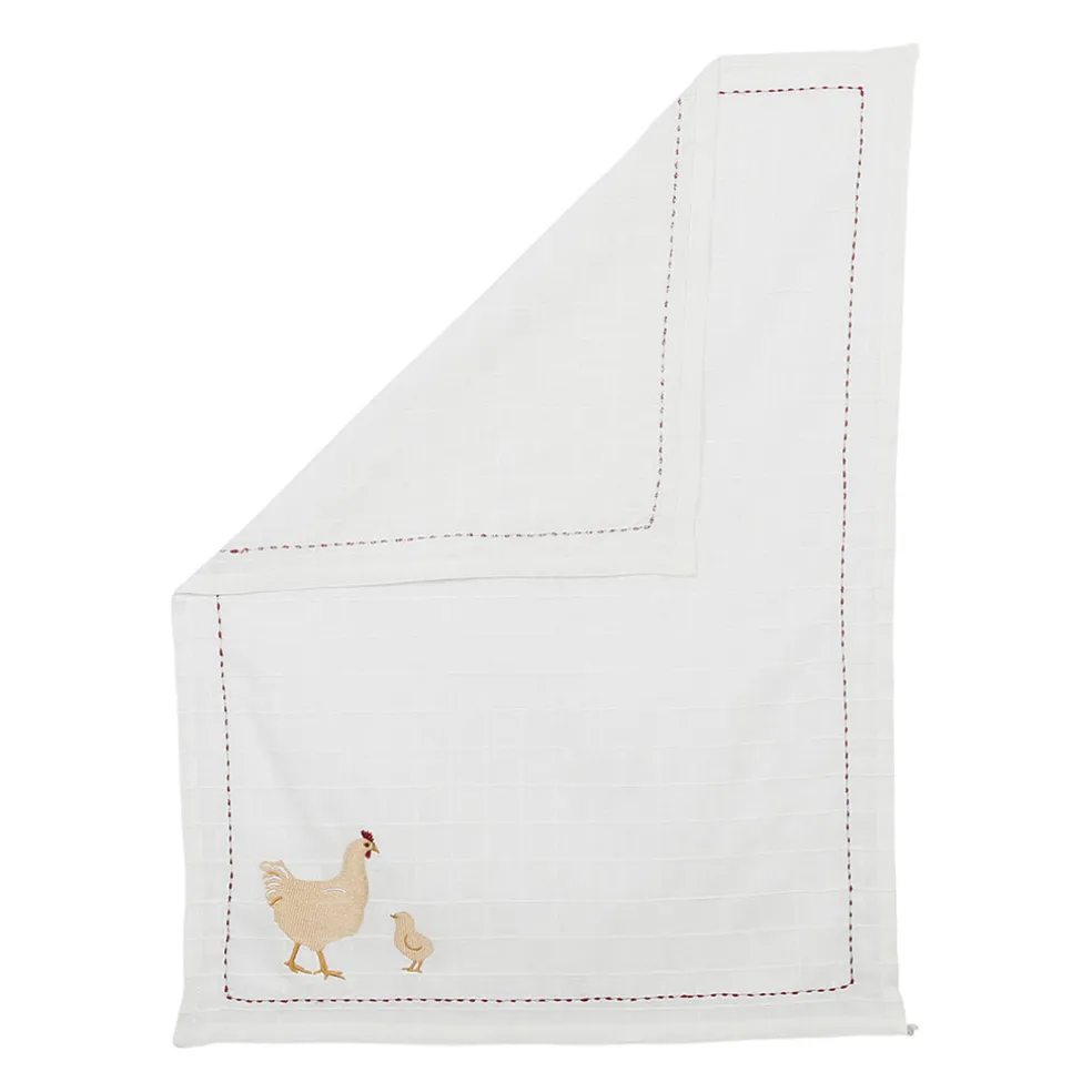 Torchon en coton blanc avec poule 50x70cm - A La Ferme