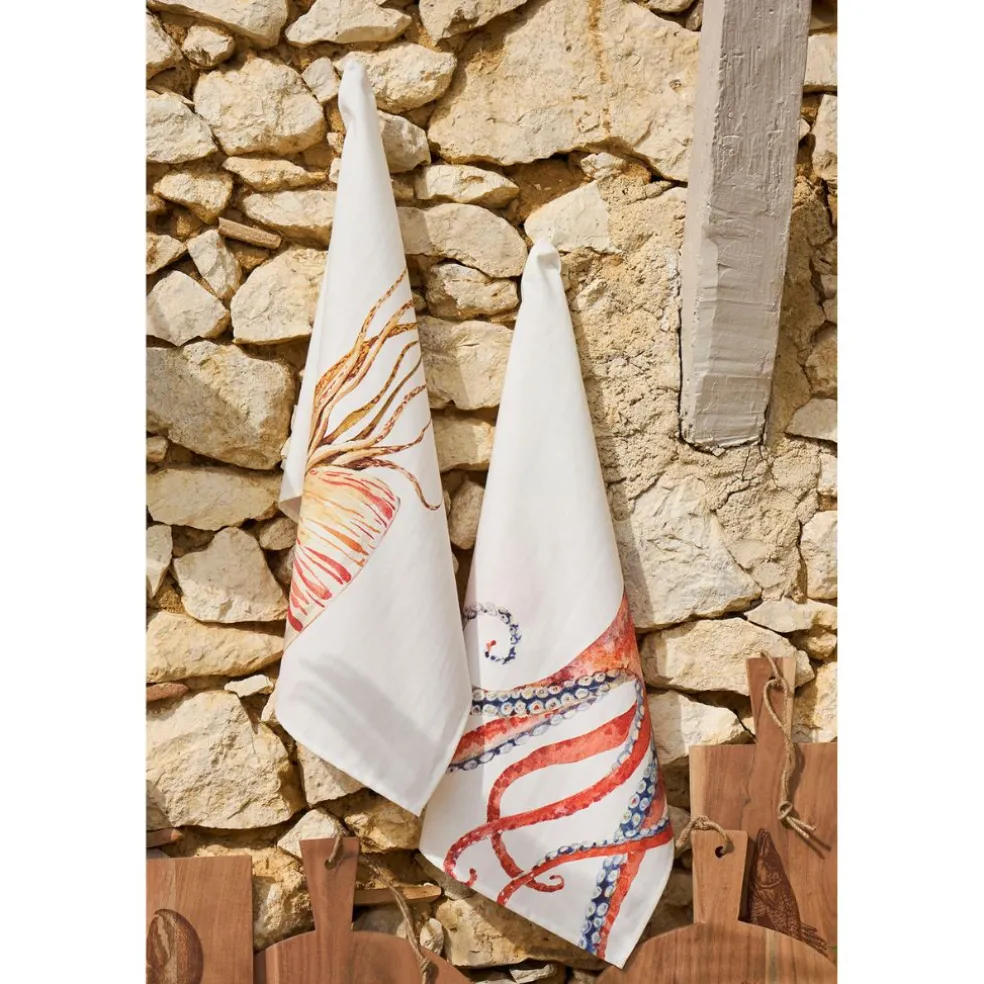 Torchon en coton (x3) faune marine blanc et corail 50x70cm