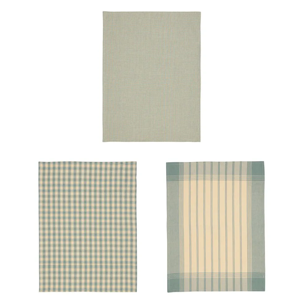 Torchons x3 en coton vichy et rayé sauge 50x70cm - Campagne