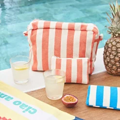 Trousse de toilette en coton rayée corail et blanc - Palma