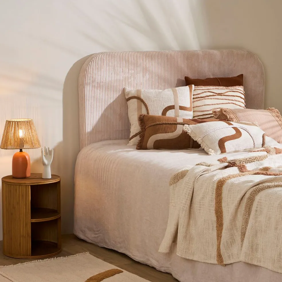 Tête de lit en tissu côtelé et hévéa écru 140x100cm - Minimal