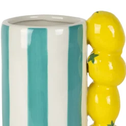Vase citron en dolomite rayé turquoise et jaune h21cm - Medi