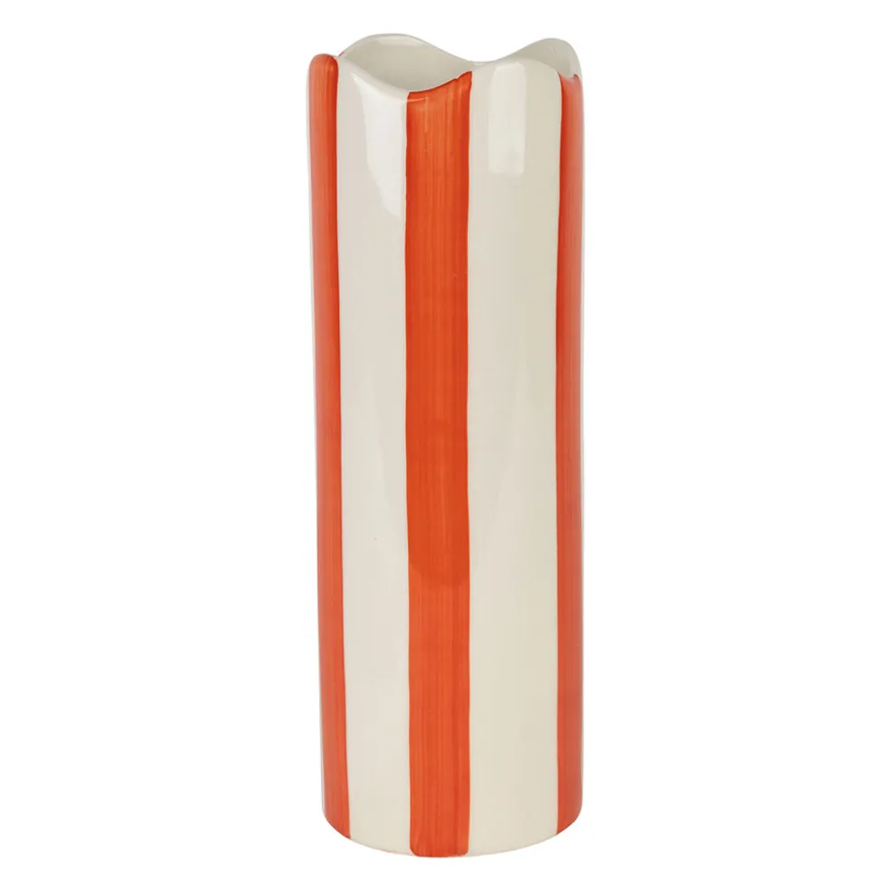 Vase cylindre en grès rayé corail et blanc h23cm - Artist