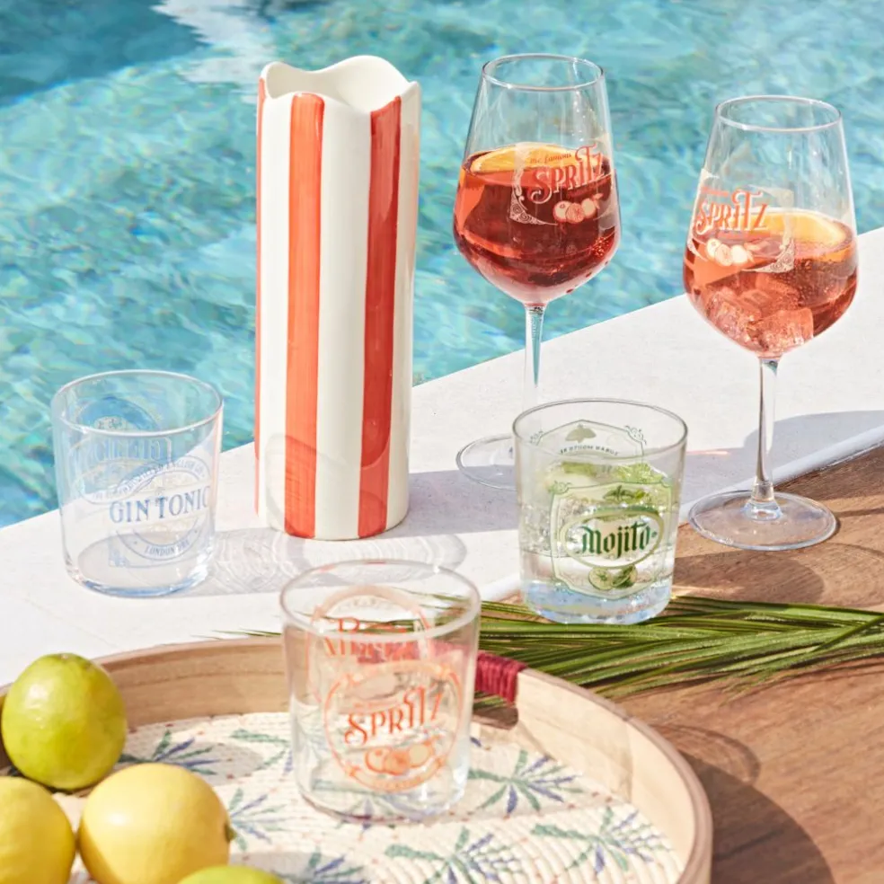 Vase cylindre en grès rayé corail et blanc h23cm - Artist