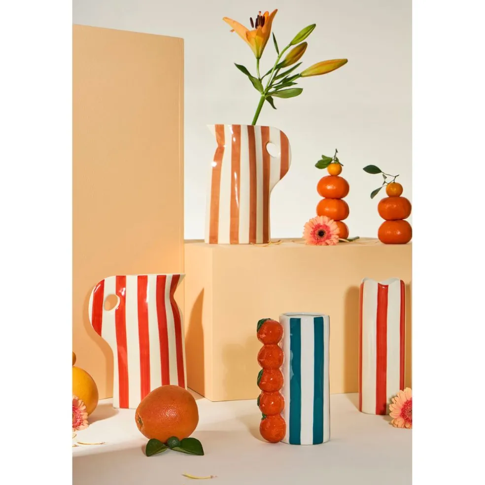 Vase cylindre en grès rayé corail et blanc h23cm - Artist