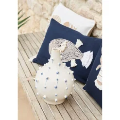 Vase dame jeanne en grès blanc et bleu h25cm - Delicio