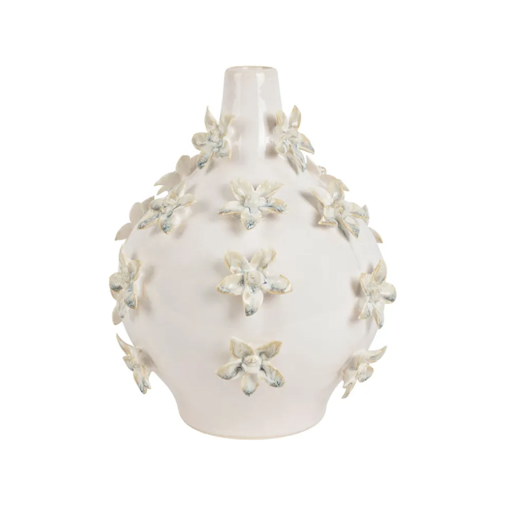 Vase dame jeanne en grès fleurs blanc cassé h25cm - Delicio