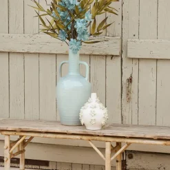 Vase dame jeanne en grès fleurs blanc cassé h25cm - Delicio