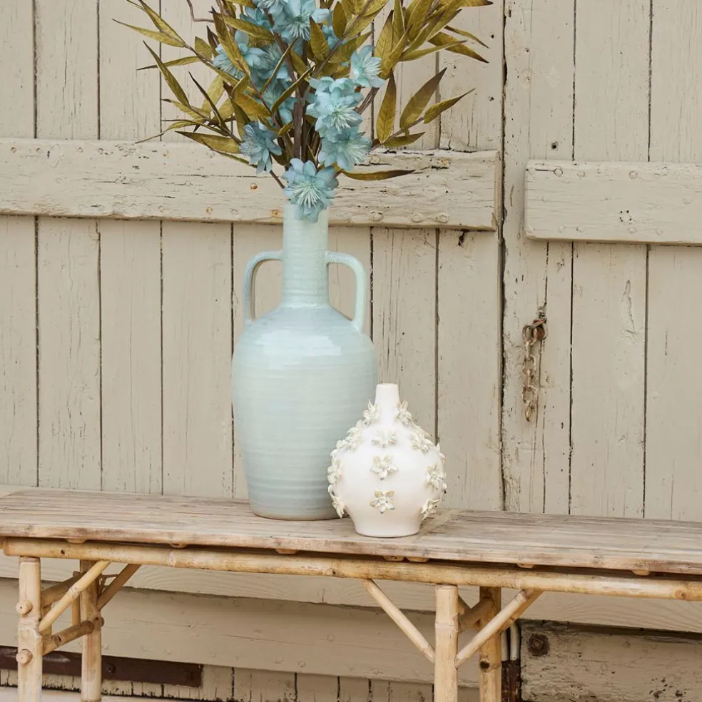 Vase dame jeanne en grès fleurs blanc cassé h25cm - Delicio