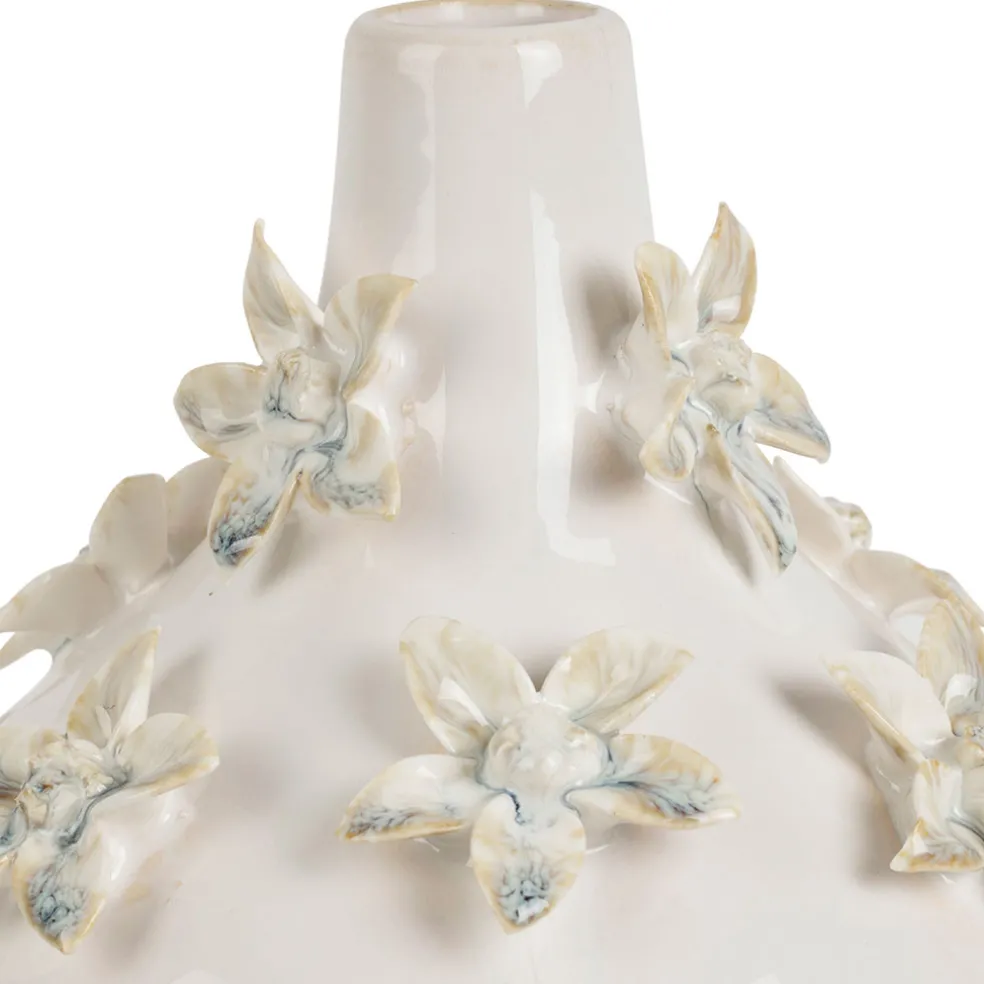 Vase dame jeanne en grès fleurs blanc cassé h25cm - Delicio