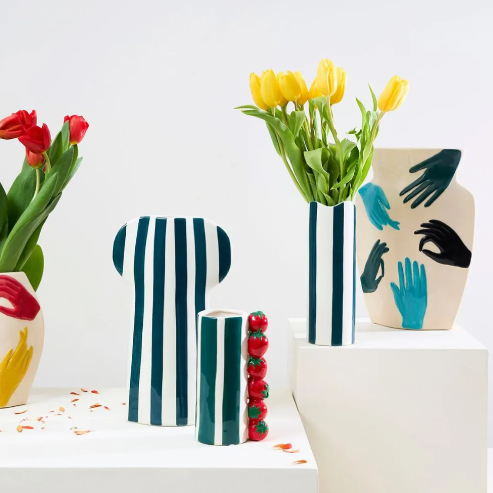 Vase en porcelaine avec mains bleu h31cm - Visage-Arty