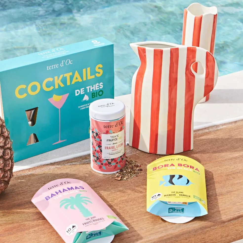 Vase pichet en grès rayé corail et blanc h24cm - Artist