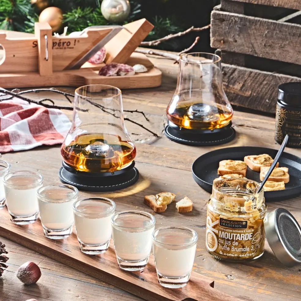 Verre shooter par 6 avec support acacia 42x6cm